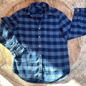 J CREW Men’s Linen Blend Button Down in Blue Plaid, Size M, Slim Fit